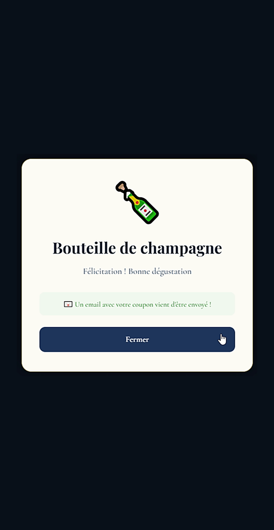 Écran du lot gagné